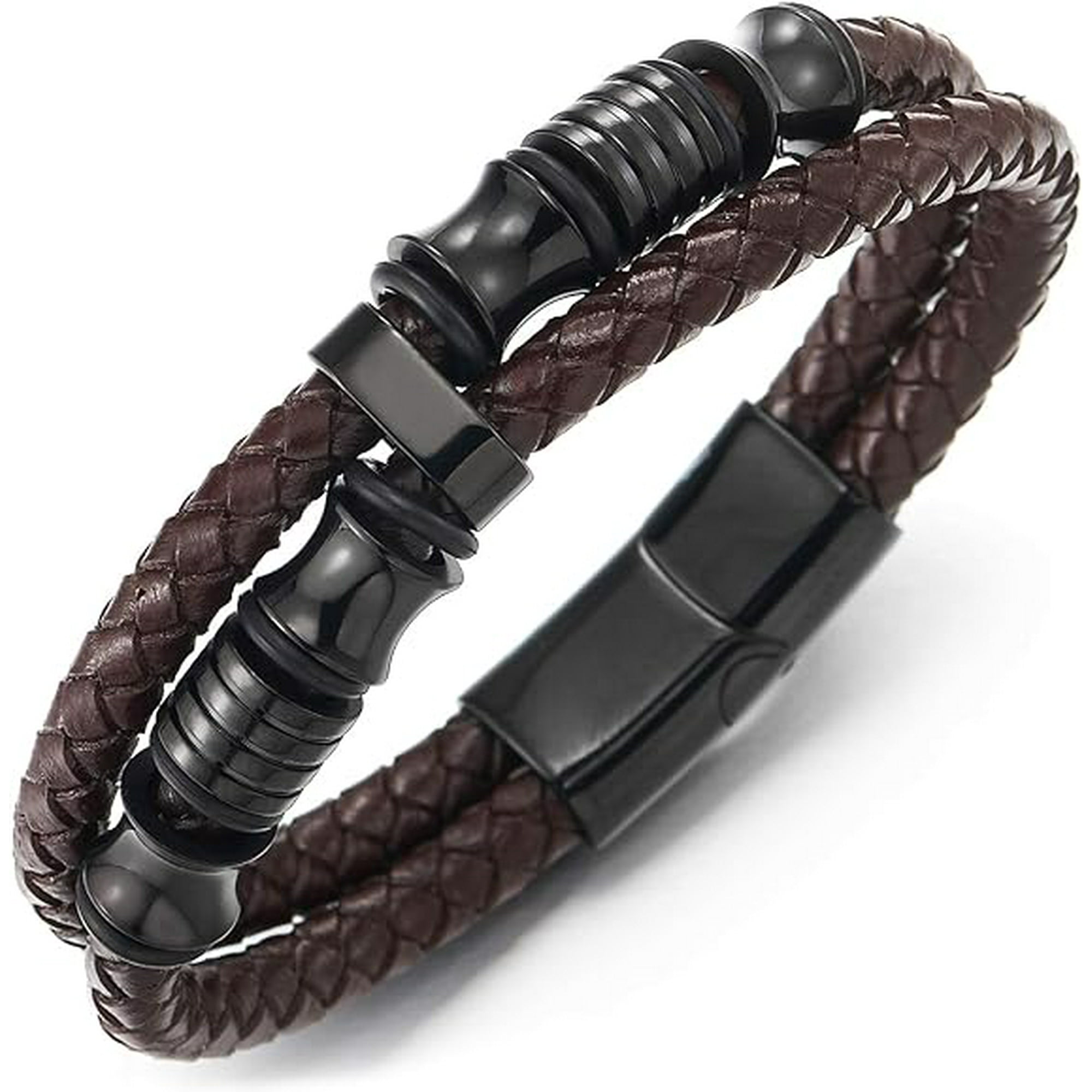 Mens Double Row Braided Leather Bracelet Bangle Wristband with Stainless Steel Ornaments S01 Walmart