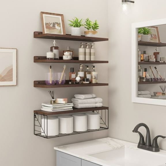Fairy Bathroom Floating Shelves, 5 Tiers 24in Rustic Wood Wall Decor for Bathroom