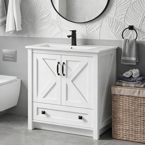 Garderth Bathroom Vanity With Ceramic Sink,Modern Bathroom Vanity,Farmhouse Undermount Vanity Cabinet,Freestanding Bathroom Cabinet With 2 Doors And 1 Storage Drawer