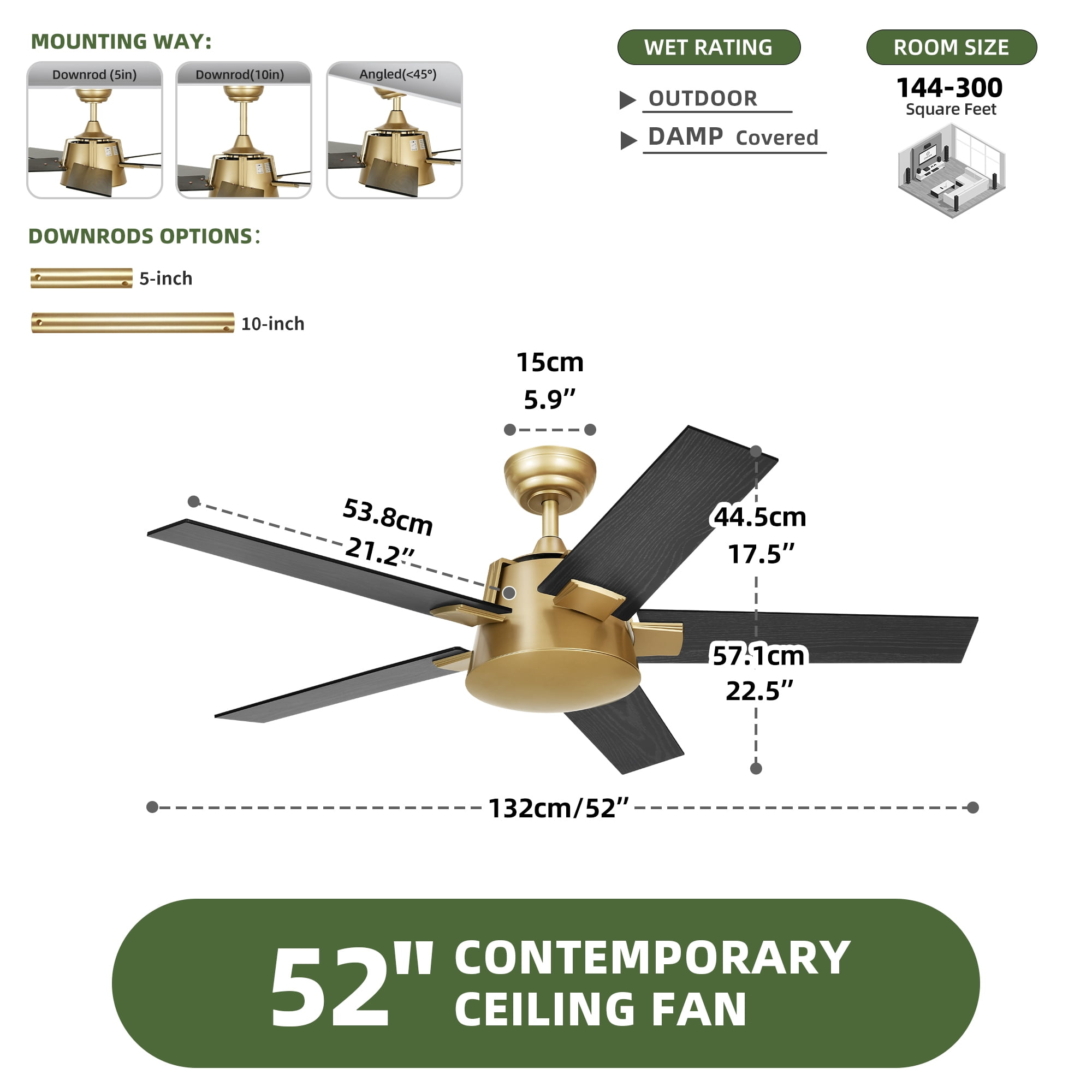 Uforic 52 Inch Modern Black Gold Ceiling Fan with Wall Switch Remote,Ceiling Fan No Lights for Indoor Outdoor