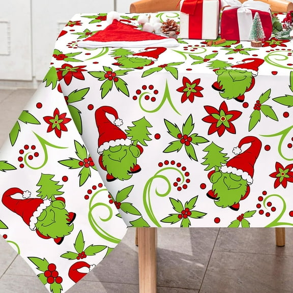 Christmas Tablecloth Rectangle Green Gnome Flower Fabric Table Cloth Washable Xmas Table Cover for Picnic Dinner Table Home Kitchen Christmas Party Decoration, 60x102 Inch