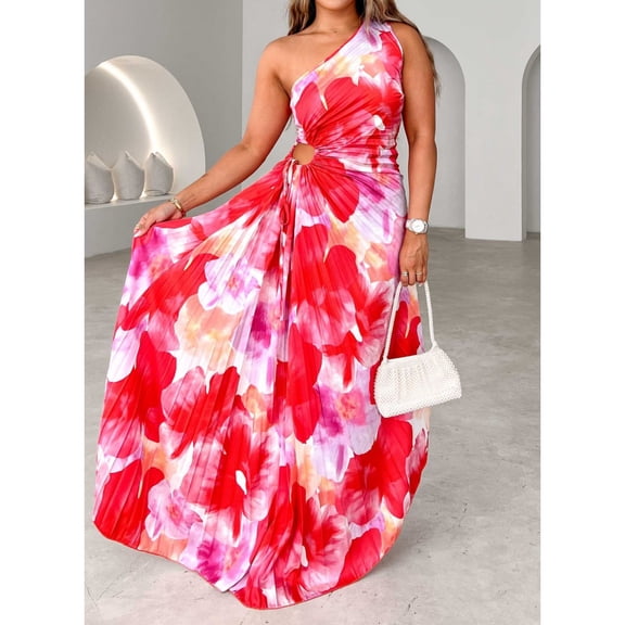 Women's designer tie-up pleated print one-shoulder sleeveless dress
