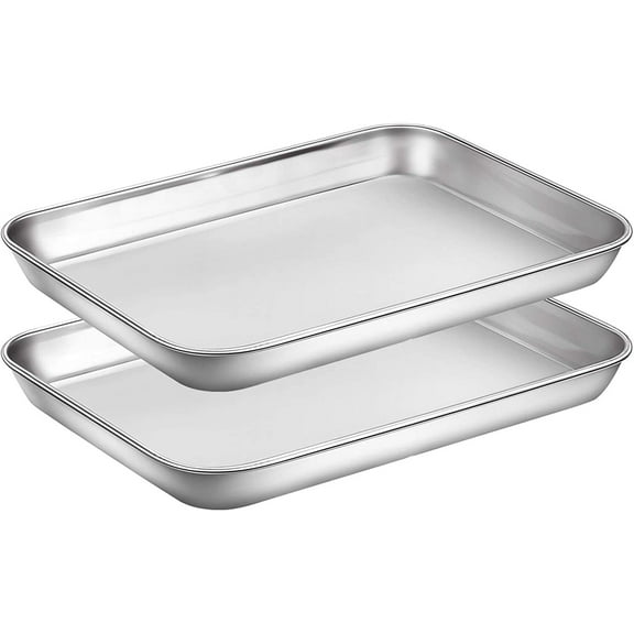 2 Pcs Sheet Pan Set Cookie Sheet Cooking Baking Sheet Toaster Oven Pans Stainless Steel Tray Barbeque Grill Pan Rectangle and Dishwasher Safe, 9 x 7 x 1 Inches