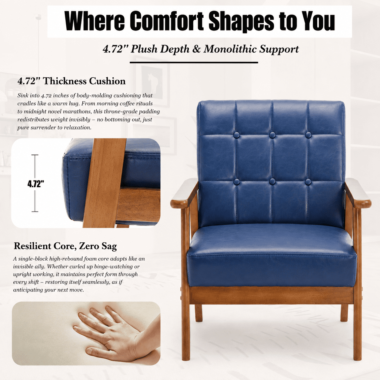 MOONMISS Accent Chair Set of 2,Mid Century Modern PU Armchair with Wood Frame for Living Room Bedroom Study Room Easy Assembly,Navy
