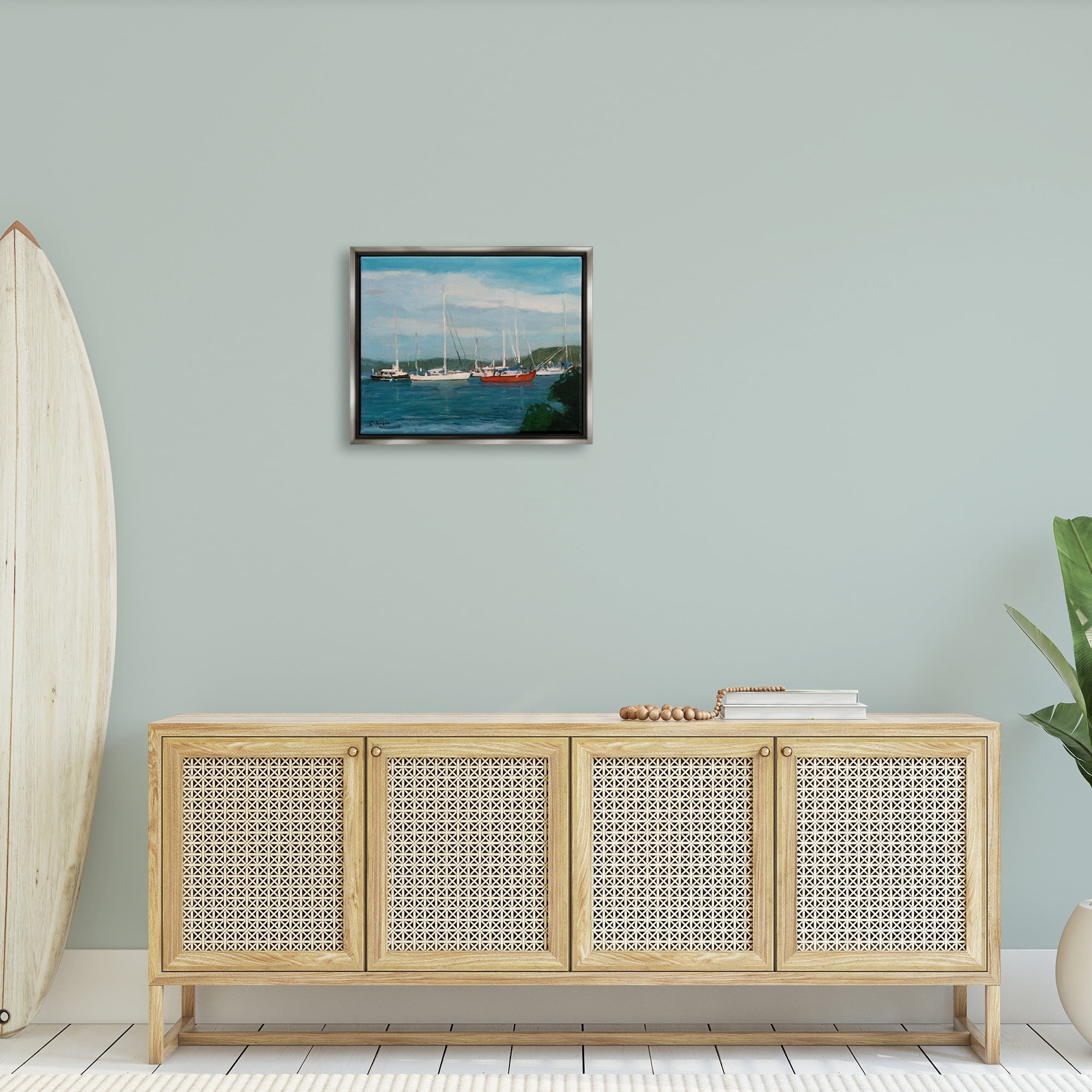 Stupell Industries Sailboat Fleet Afloat Ocean Water Distant Hills Painting Luster Gray Floating Framed Canvas Print Wall Art, Design by Stephen Calcasola