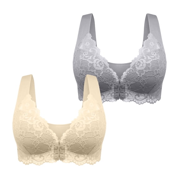 2 Pack Plus Size Post Surgery Bras for Women Comfy Front Buckle Lace Bras Padded No Underwire Smoothing Plunge Bra
