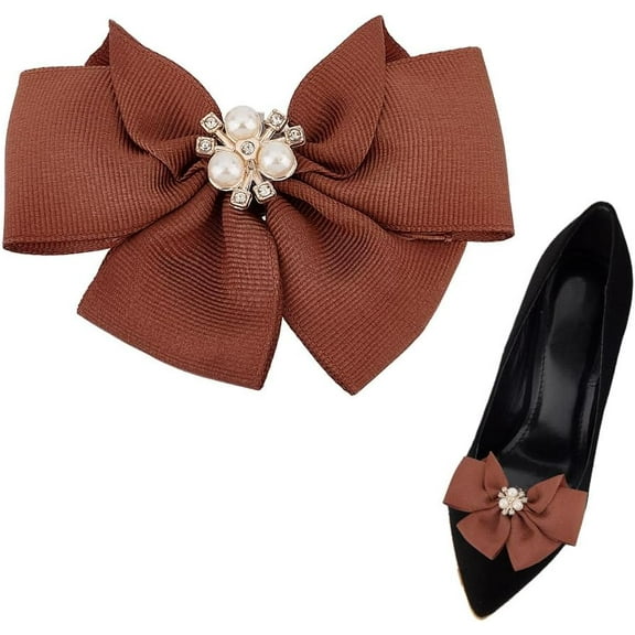 2 Pcs Bow Shoe Clips Camel Pearl Removable Shoe Buckle Decorations Elegant Wedding Party Bag Clothing Hair Accessories for Women