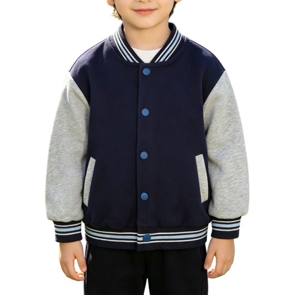 EnJoCho Boys Baseball Jacket Varsit𝗒 Letterman Coat Fall Winter Warm Fleece Sweatshirts 𝖡omber Vintag𝖾 Outerwear Clothes Kids Blue Denim 𝖡omber Back-To-School