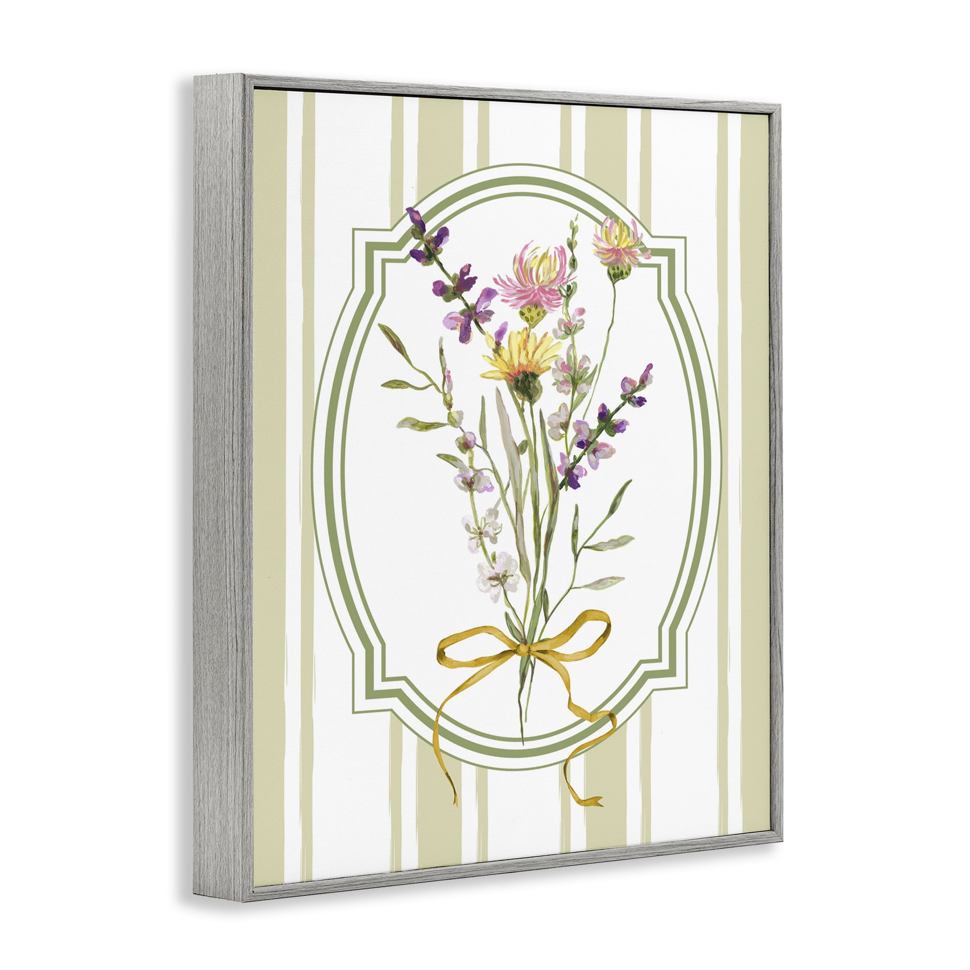 Wildflowers Bouquet Classic Stripes Gray Framed Giclee Art, design by Adonna Ebrahimi
