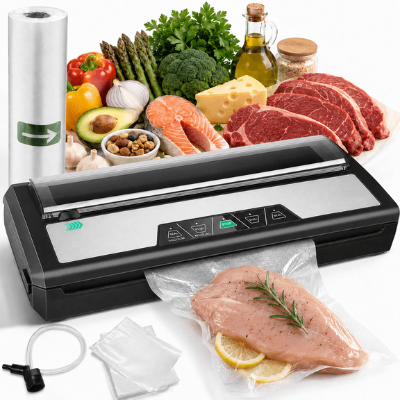 Vacuum Sealer Machine, 80kPa Food Sealer with Dry & Moist Modes, Built-in Cutter, Bag Storage, 1 Vacuum Roll & External Hose
