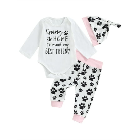 

Suanret Infants Baby Girl Pants Suit Newborn Long Short Sleeve Romper Tops Cartoon Dog Paw Printed Jogger Trousers Hat White Long Sleeve 12-18 Months