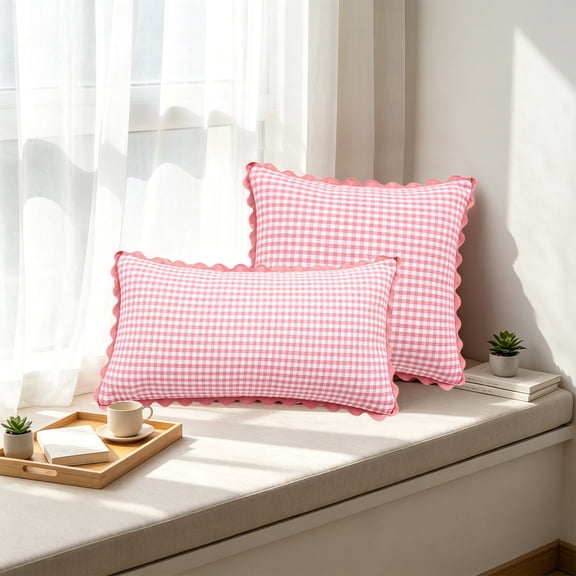 Square Throw Pillow, Soft Pink Gingham Scalloped Edge, Decorative Plaid Cushion for Sofa, Bed, Living Room, Removable Cover