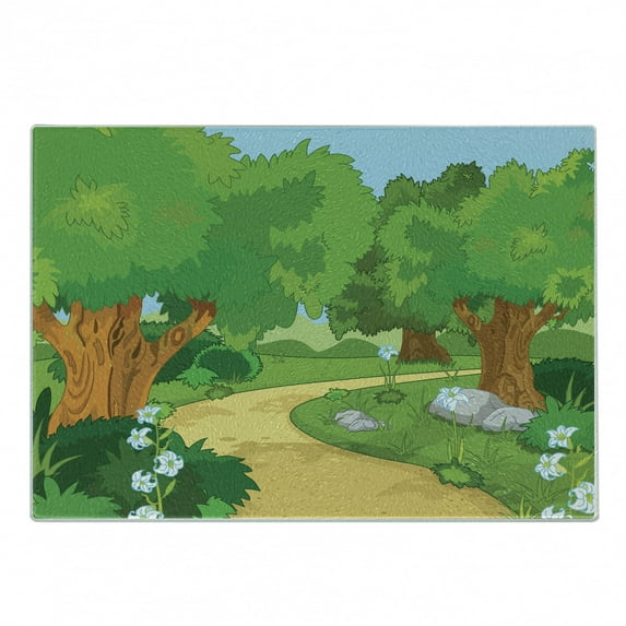 Forest Cutting Board, Cartoon Environment Woodland Park with Pathway Blossoming Flowers and Trees, Decorative Tempered Glass Cutting and Serving Board, Small Size, Multicolor, by Ambesonne