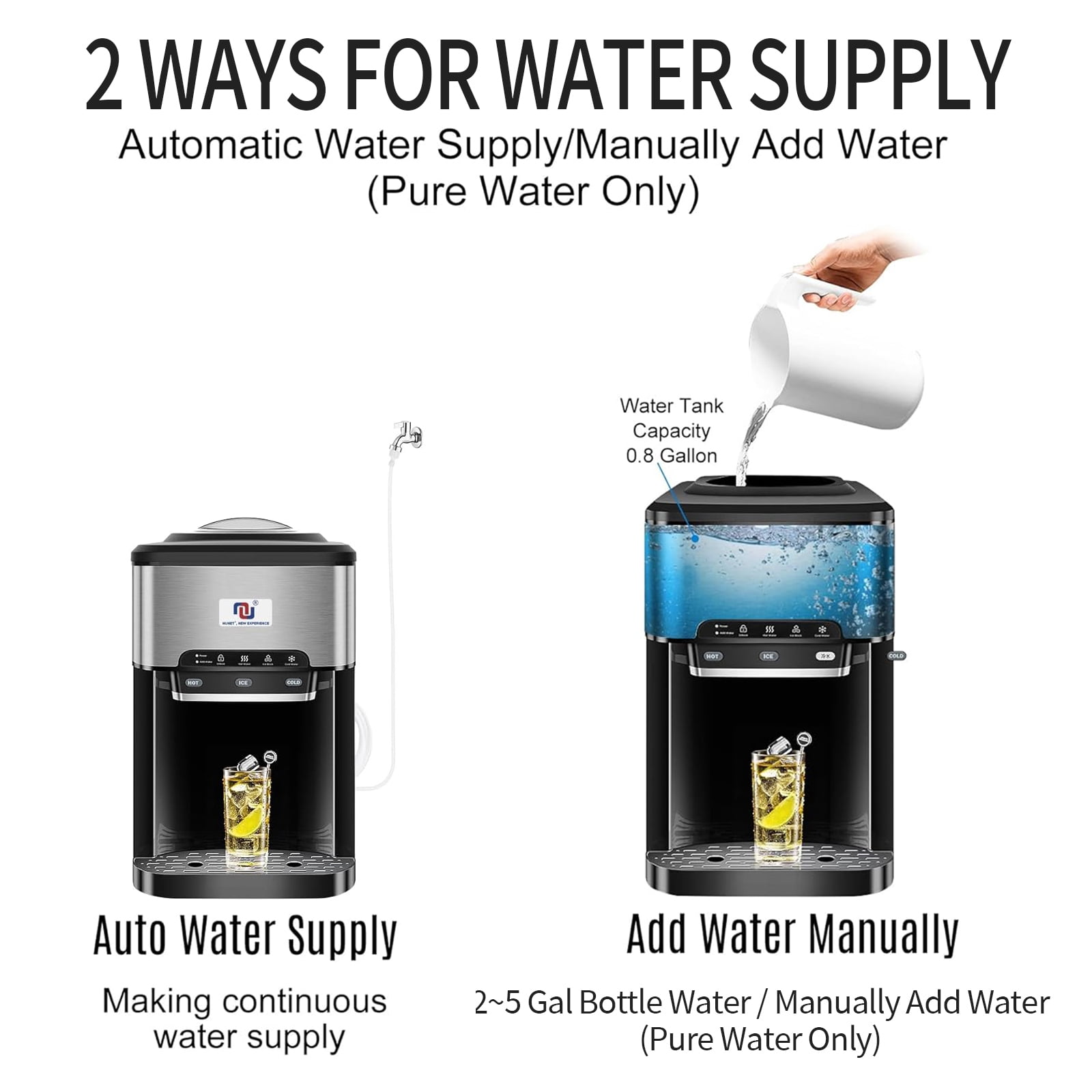 Portable Ice Maker Water Cooler Dispenser 3-in-1, Countertop Model with Built-in Ice Maker, Includes 10 Ft Water Inlet Hose, Produces 44 lbs of Ice Daily, 4lb Ice Storage (ice Maker+Hose)