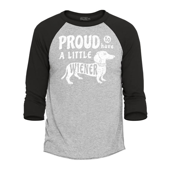 Shop4Ever Men's Proud to Have a Little Weiner Funny Dachshund Dog Raglan Baseball Shirt Medium Heather Grey/Black