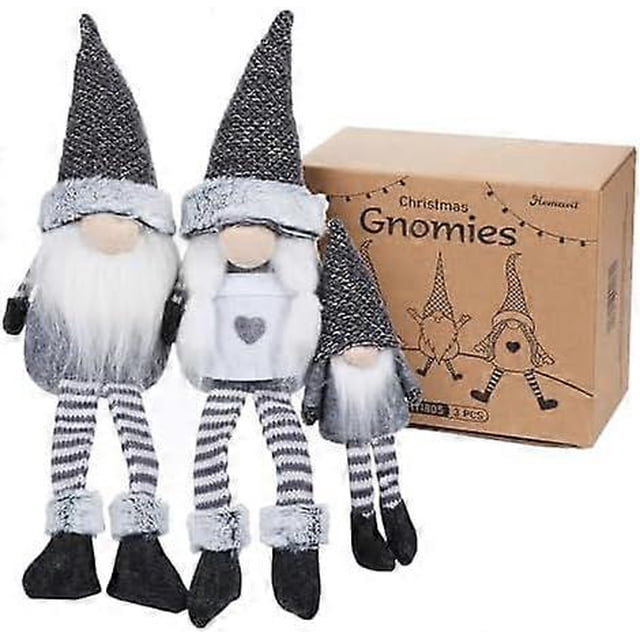 Homewit 3 x Handmade Swedish Gnome Tomte Sitting Long-Legged, (8.7in - 15.7in) Christmas Santa Home Decoration, Plush Elf, Winter Table Ornament, Holi