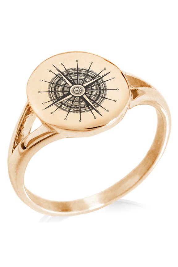 Stainless Steel Nautical Needle Dial Compass Minimalist Oval Top Polished Statement Signet Ring