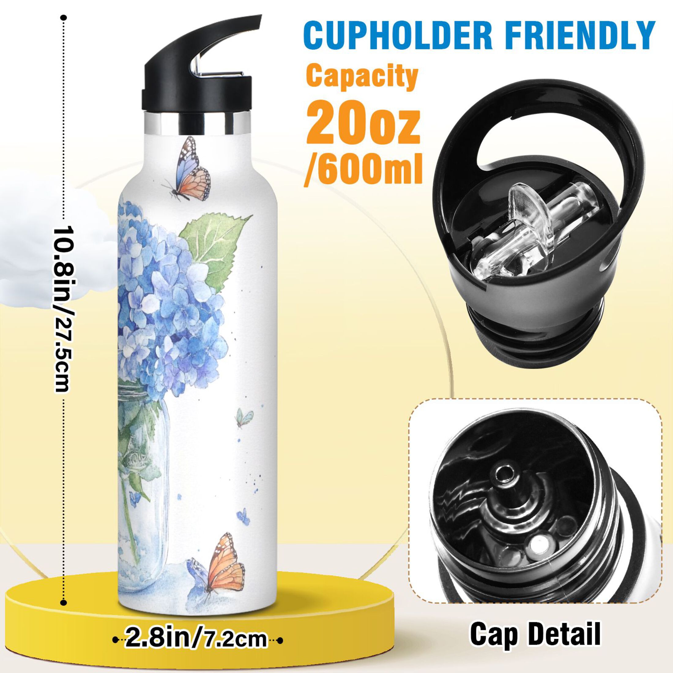 Kids Insulated Stainless Steel Sports Water Bottle 600ml (20oz) Hydrangeas and Butterflies