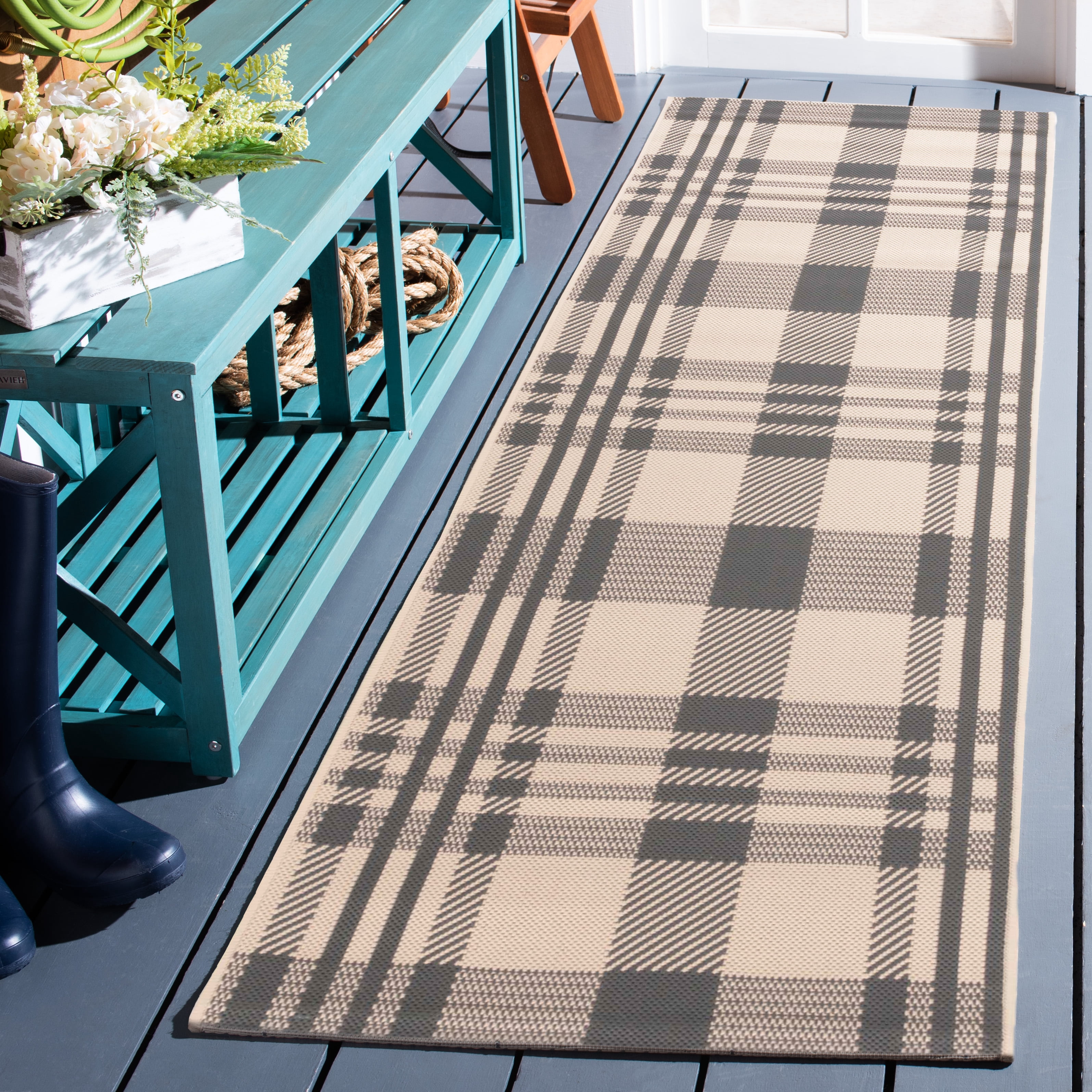 Safavieh Courtyard Benjamin Plaid Indoor/Outdoor Runner Rug, Gray/Bone, 2'3" x 20'