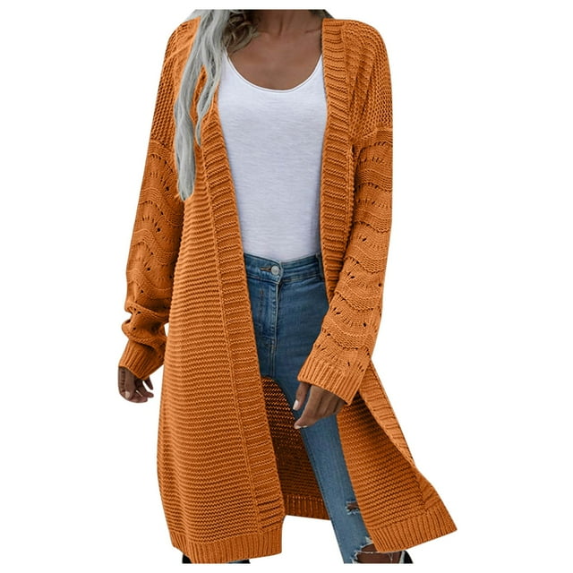 Manteau d'Automne pour Femmes Couleur Unie Tricot Col Rond Veste Chaude Mi-Longue Mode Manteau Extérieur avant Tricoté