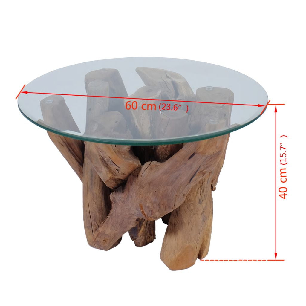 Best 23.6" Coffee Table, Solid Teak Driftwood with Glass Top and Teak Base, A
