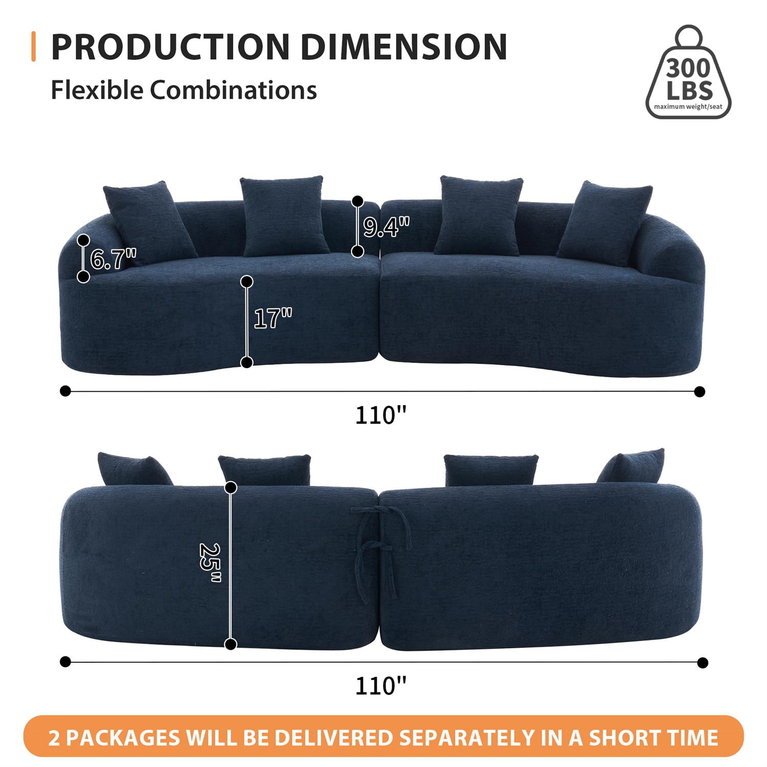 Demi Bonn 110"L Modular Sectional Sofa with Full Compression Sponge, Curved Design, High-Density Chenille Sleeper Couch for Living Room, 800 lbs Capacity, Blue