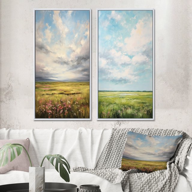 Designart "pasture Bold Horizon II" Meadow Framed Wall Art Set Of 2 - Green Landscapes Frame Gallery Set For Office Decor