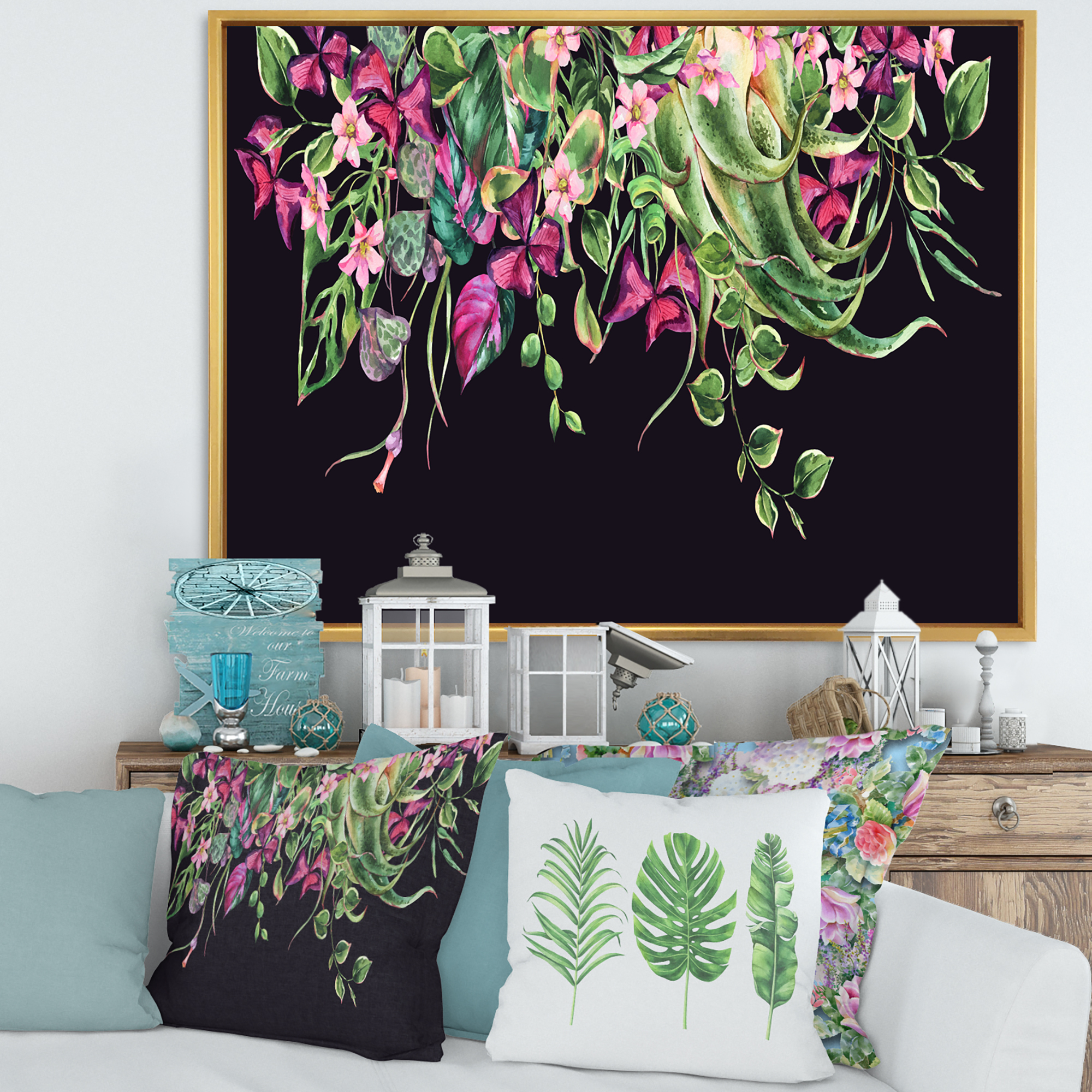 Designart 'Floral Tropical Leaves On Black Background' Farmhouse Framed Canvas Wall Art Print