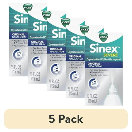 (5 pack) Vicks Sinex Severe Original Nasal Spray, Decongestant Medicine, Relief from Stuffy Nose due to Cold or Allergy, & Nasal Congestion, Sinus Pressure Relief, 0.5 fl oz