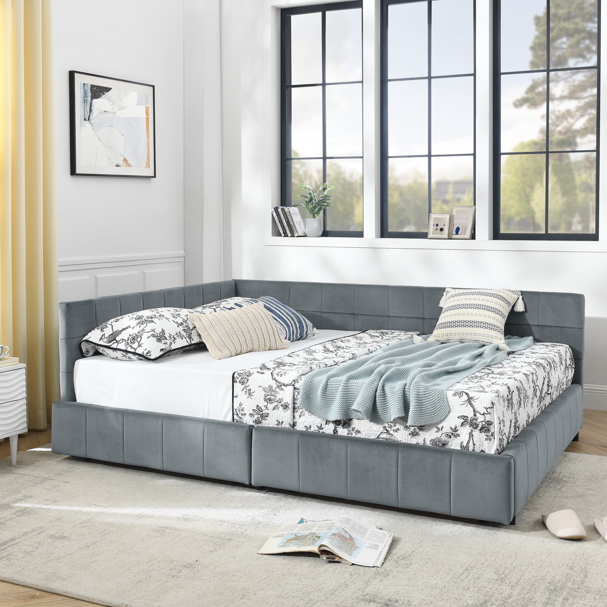Gewnee Queen Size Storage Upholstered Tufted Sofa Bed Frame with Comfortable Backrest and Armrests for Bedroom