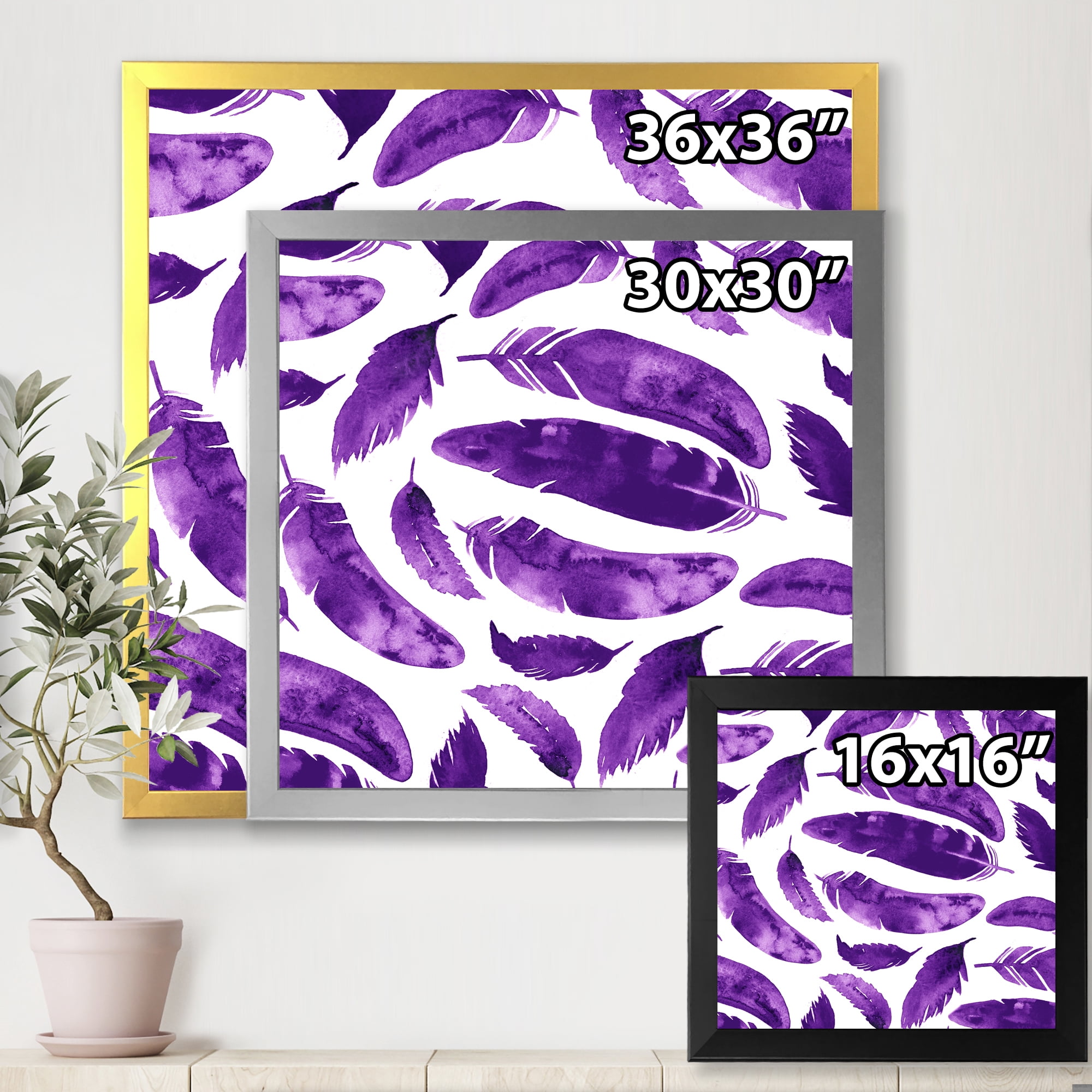 Designart 'Ethnic VIolet Feathers On White' Bohemian & Eclectic Framed Art Print