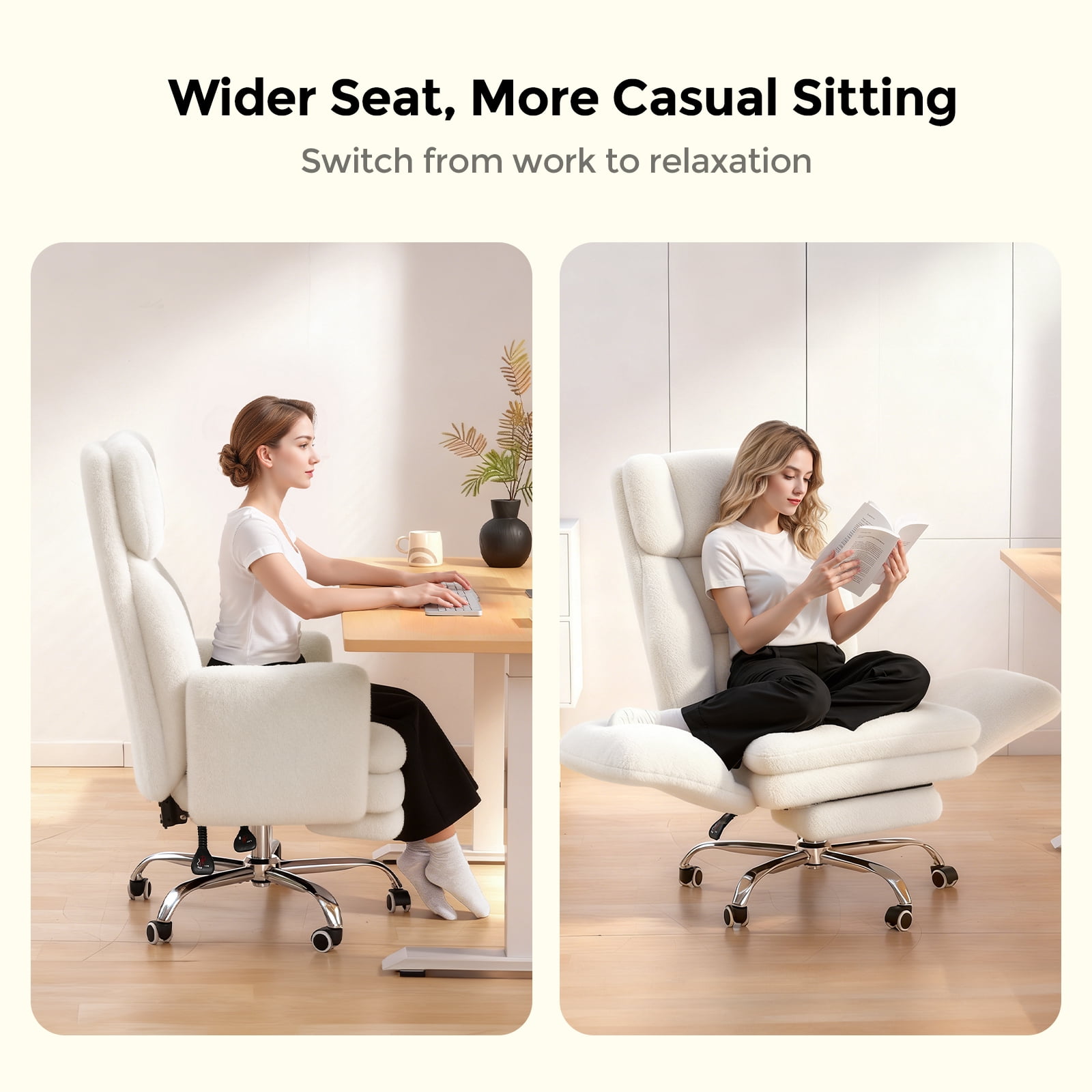 Patbrela Big and Tall Office Chair, Cloud Plush Swivel Desk Chair with 6-Level Adjustable Armrests, Home Ergonomic Executive Office Chair for Work, Gaming, Beige