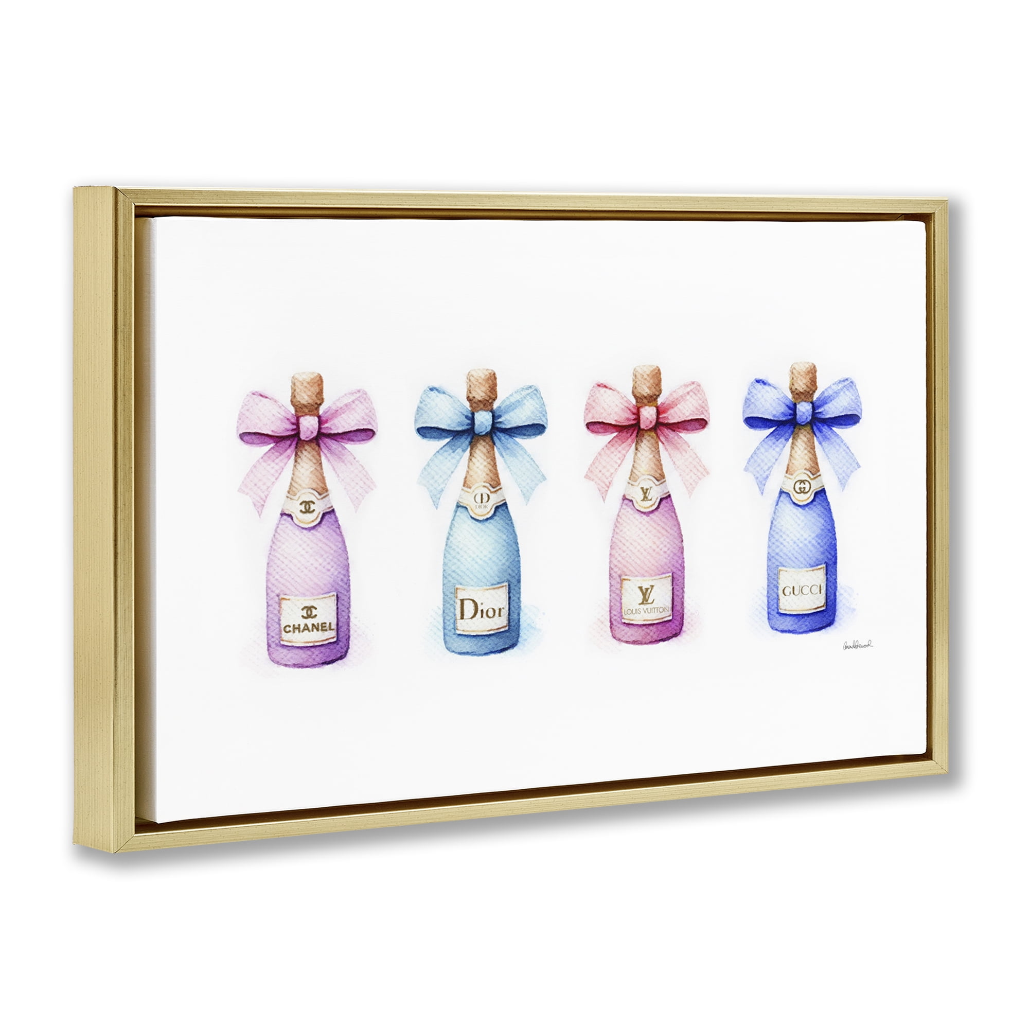 Stupell Industries Pastel Champagne Bottles Food & Beverage Painting Gold Floater Framed Canvas Art Print Wall Art, 31 x 21