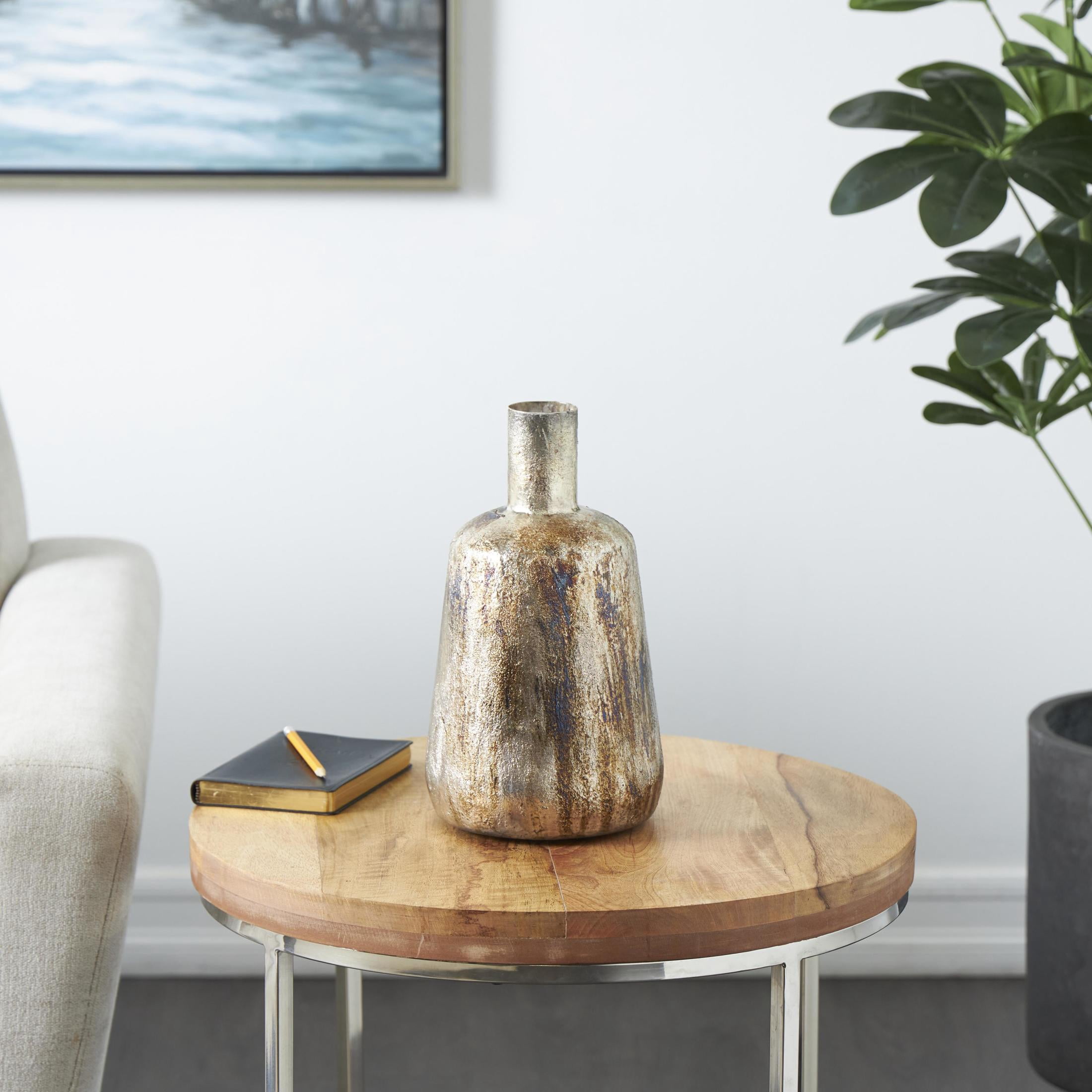DecMode 12" Foiled Bronze Metal Vase with Bronze and Blue Accents
