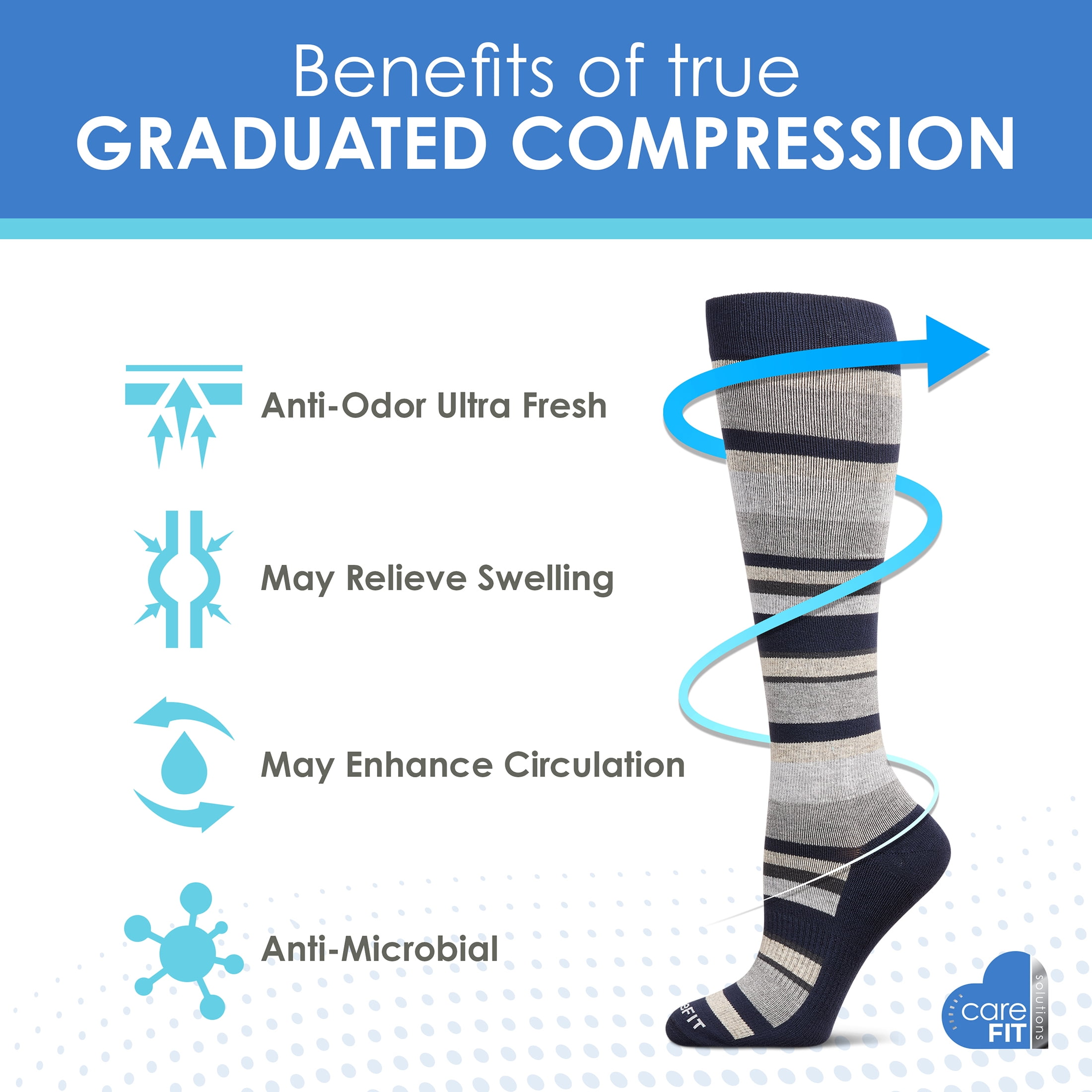 Care Fit Solutions 2 Pair Pack Striped Cotton Blend Graduated Compression Socks