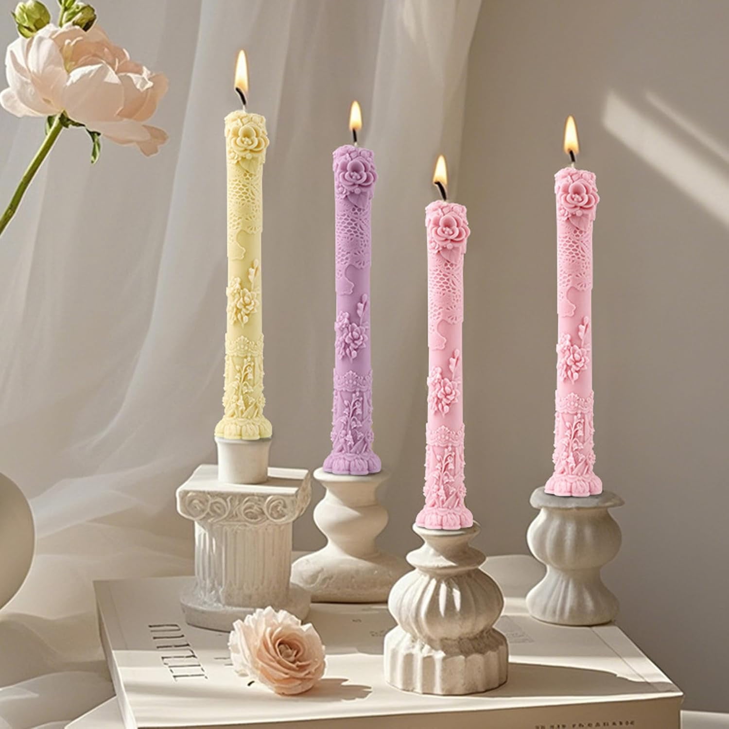 ABCISI Vintage Long Pillar Candle Mold, Intricate Floral Design, Silicone Mold for DIY Candle Making & Handmade Soap, DIY Wax Plaster Clay Craft Silicone Mold for Home Decorations Gift