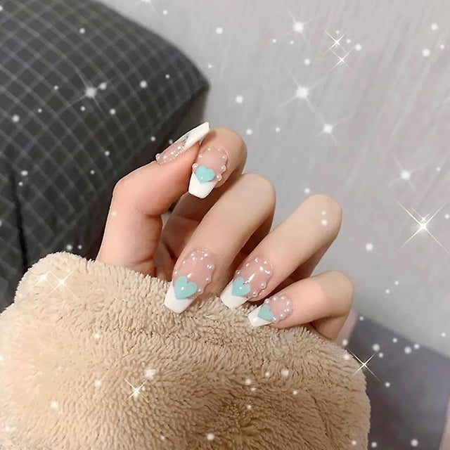 Uñas postizas HUOGUO Love Blue en forma de corazón, 24 unidades con pegamento