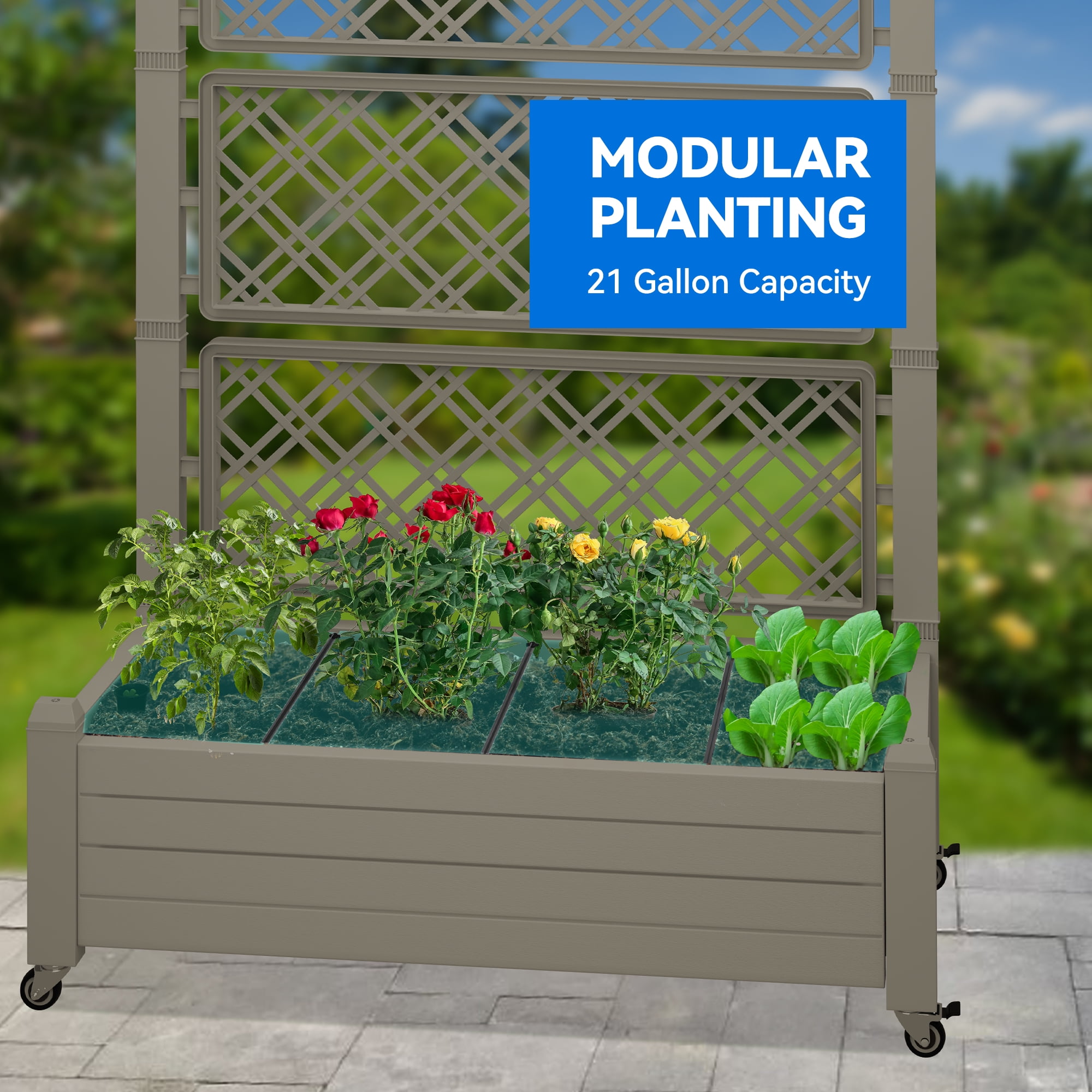 Dextrus 61'' Large Planter Box; Outdoor Raised Garden Bed with Trellis and Lockable Wheels,Ideal for Vines and Climbing Plants,with Drain Plug,43.3"L x 17.7"W x 61"H - Light Brown