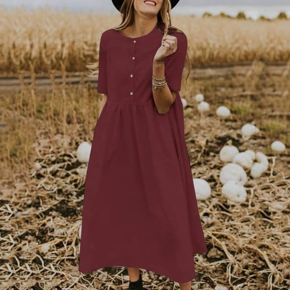 Horkkom Maxi Dresses for Women Plus Size Short Sleeve Linen Dress Casual Loose Summer Dresses, S-5XL