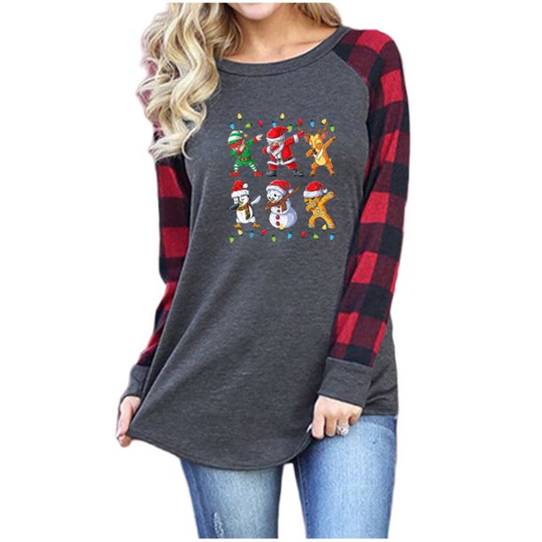 Camisas Navideñas A Cuadros Para Mujer, Manga Larga Con Estampado A Cuadros, Costura, Manga Larga, Cuello Redondo, Camiseta de Béisbol Raglán Odeerbi ODB208149
