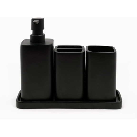 Bathroom Accessory Sets, 4 Pieces Accessories Complete Set Vanity Countertop Set, Includes Lotion Dispenser Soap Pump, Tumbler, Toothbrush Holder and Tray (Matte Black)