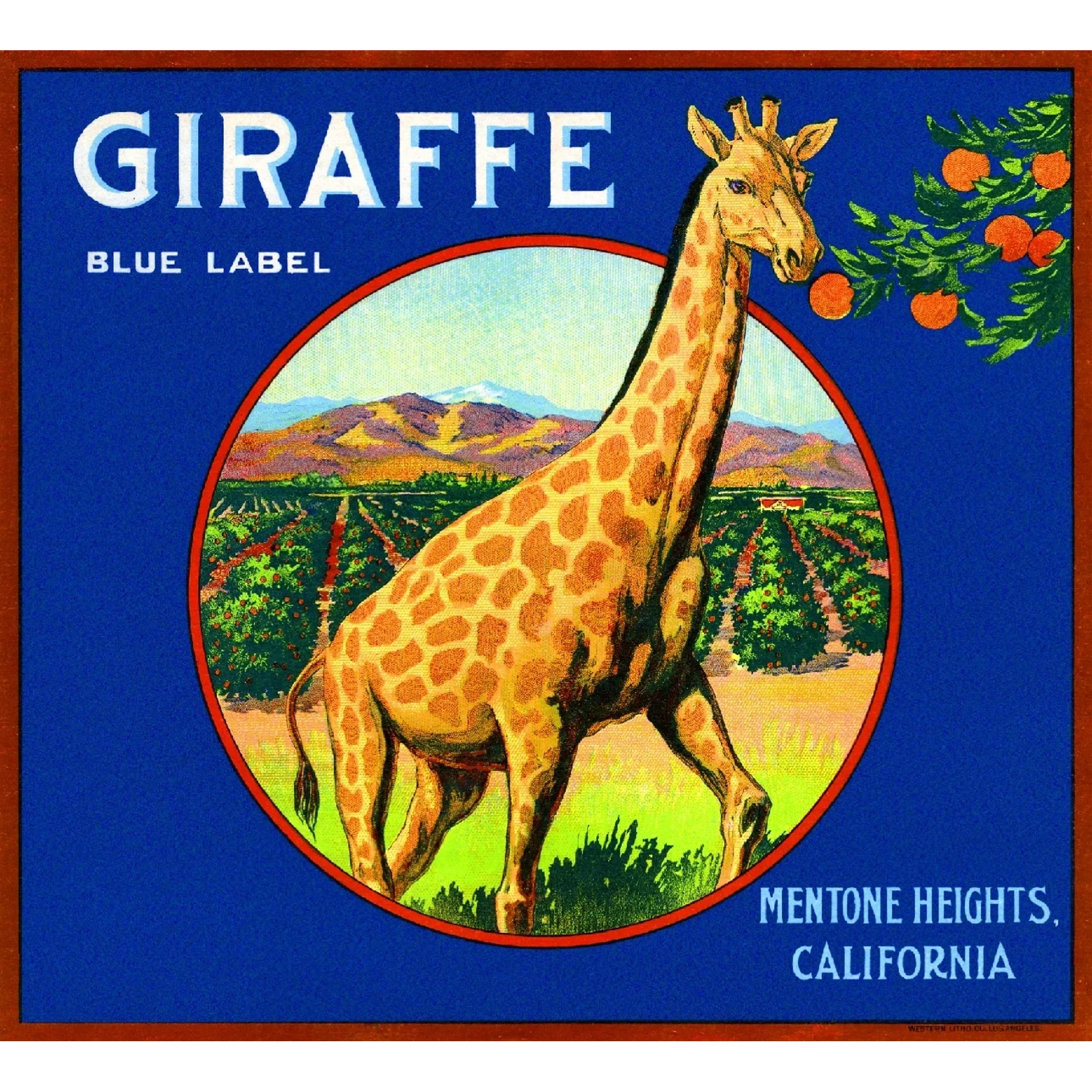 Mentone Valley San Bernardino Giraffe Orange Citrus Fruit Art Print Home Decor Office Wall Art