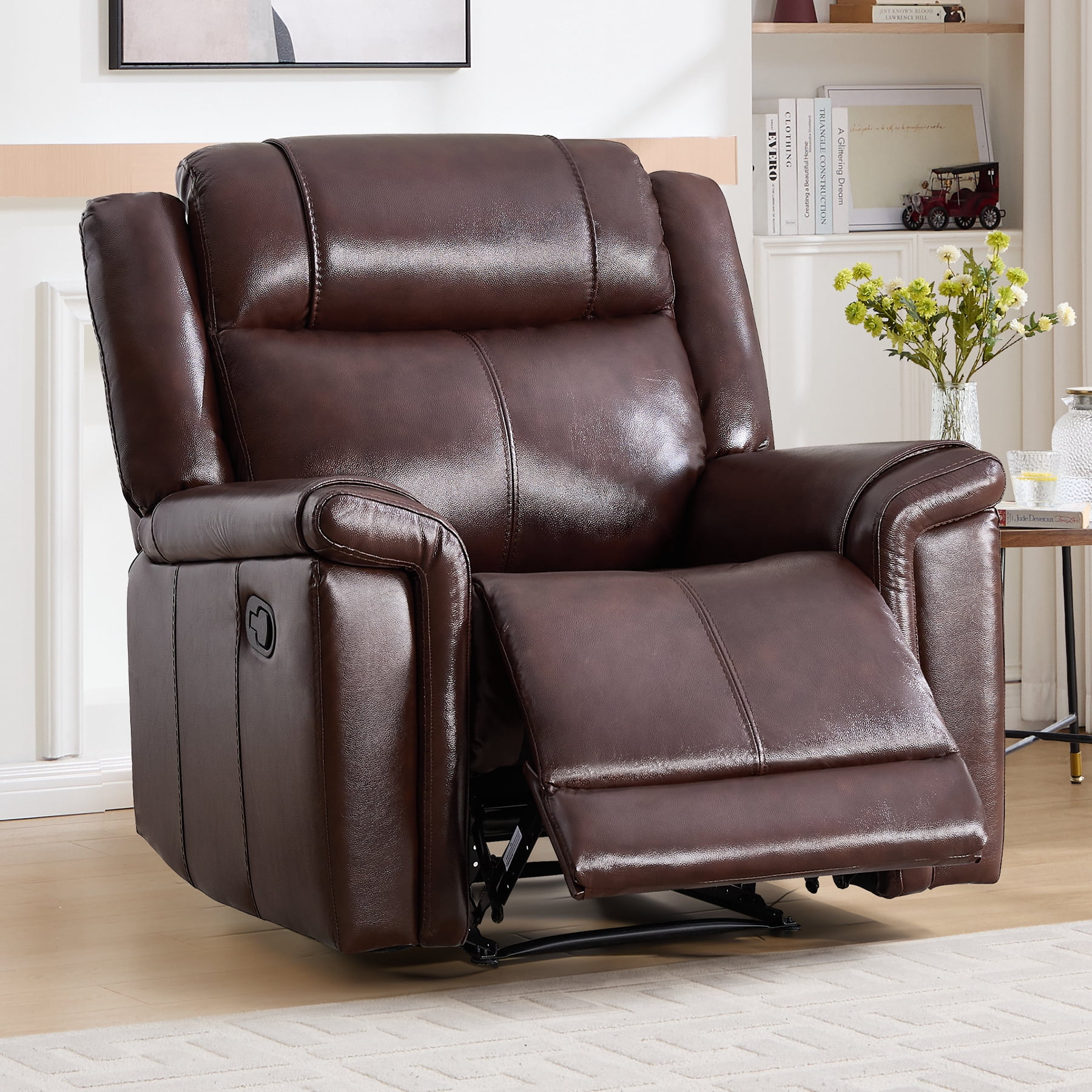 Ebello Genuine Leather Manual Recliner, Luxurious Modern Reclining Chair with Padded Headrest and Armrest for Living Room, Home Theater, Office, Brown
