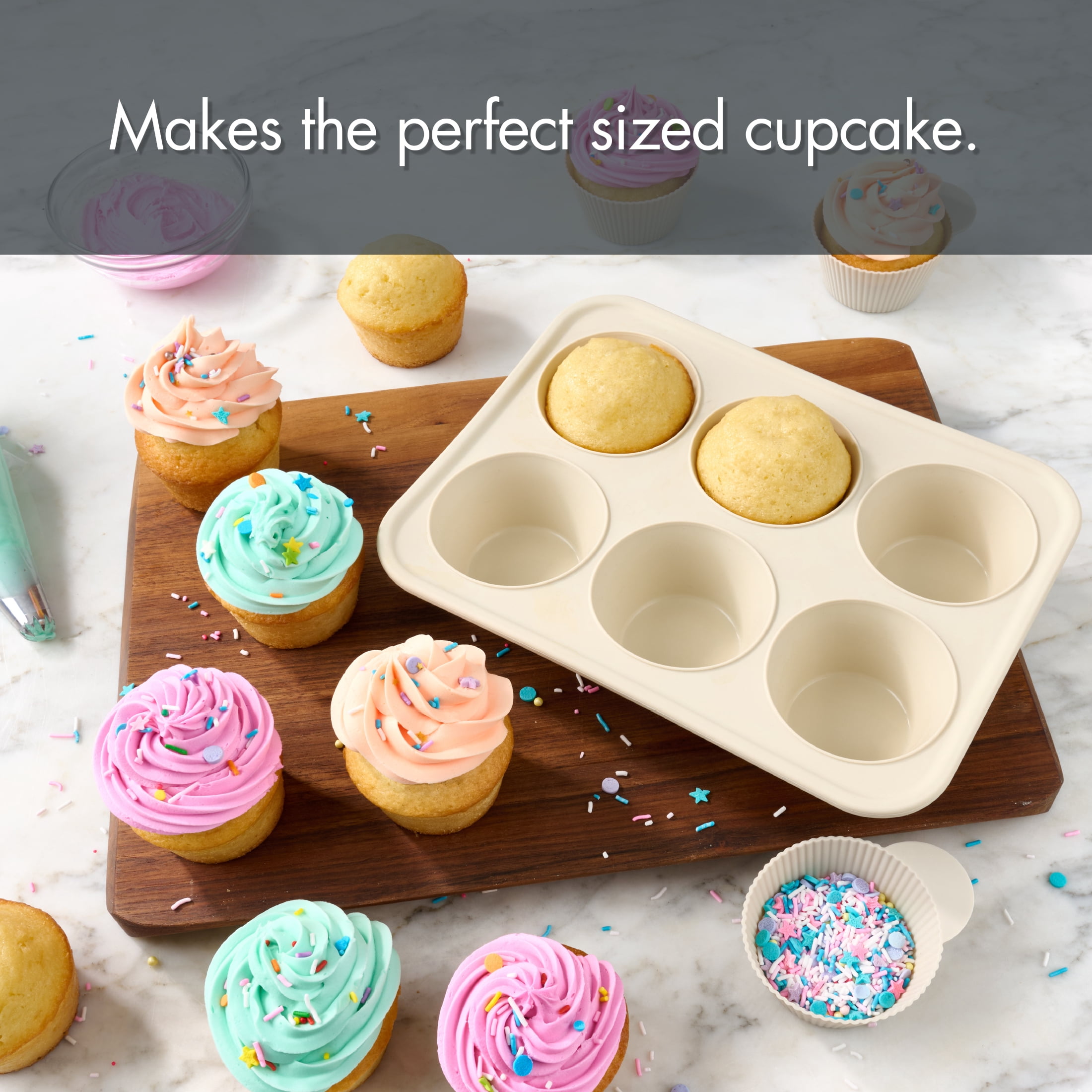 Mainstays 6-Cavity Silicone Cupcake Pan with Reinforced Steel Frame, Papyrus, 9.4 x 7.1 x 1.6 in