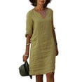 thumbnail image 1 of LUXUR Robe Tunique Midi pour Femme, Col en V, Coupe Droite, Robe d'Été, Couleur Unie, Robes T-Shirt Rétro, Manches 3/4, Kaki, P, 1 of 2
