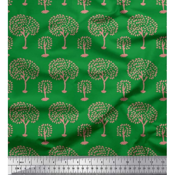 Soimoi Green Cotton Voile Fabric Leaves & Tree Printed Fabric 1 Yard 42 Inch Wide