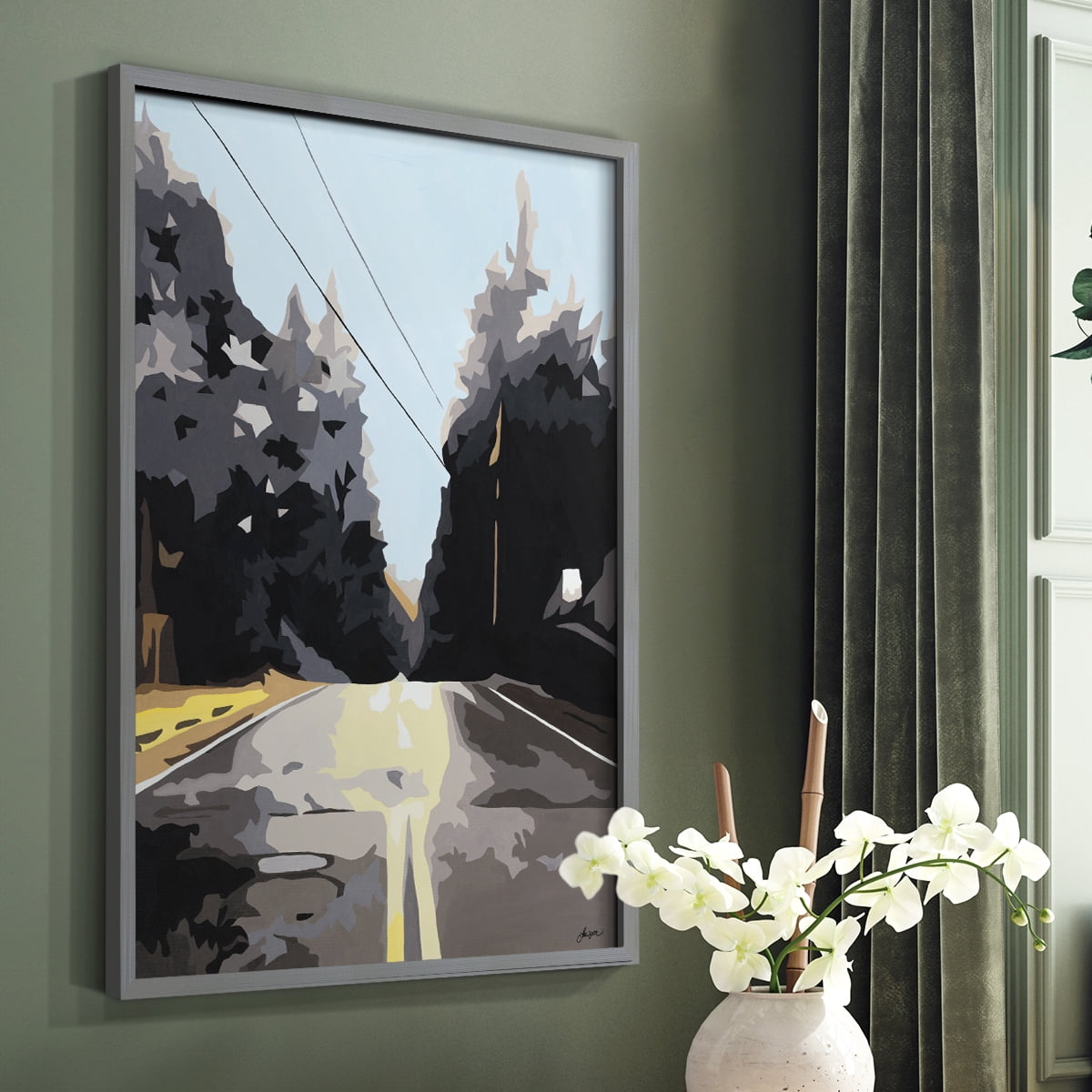 THE ROAD LESS TRAVELED Framed Print in Gray Solid Wood Framed Print No Nail Hanging