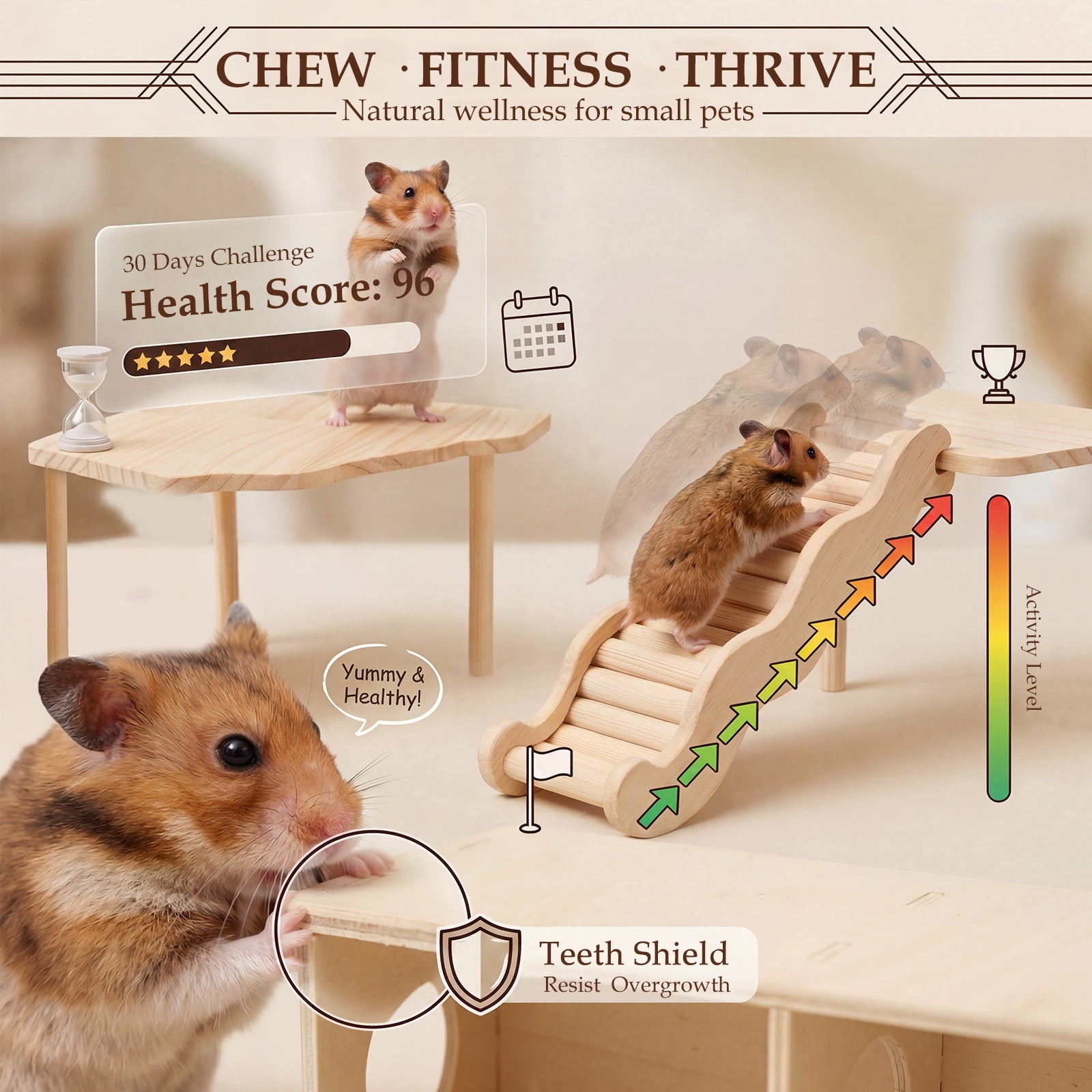 Wooden Hamster Platform Hideout with Ladder Hamster Play Platform Toy Small Pet Playhouse Climbing Toy for Chinchillas Guinea Pigs Golden Squirrels Hedgehogs