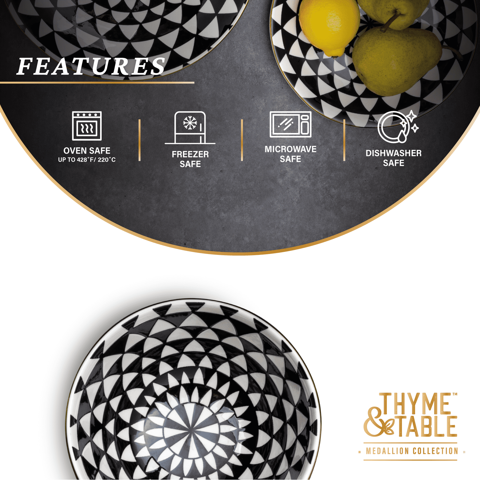 Thyme & Table Medallion Ceramic Bowl Black and White