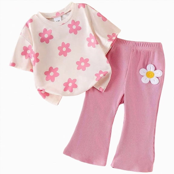 Xyant Toddler Baby Girl Summer Clothes Floral Print Outfit Short Sleeve T Shirt Top Bell Bottom Pants Two Piece Fall Spring Outfits (Pink,18-24 Months)